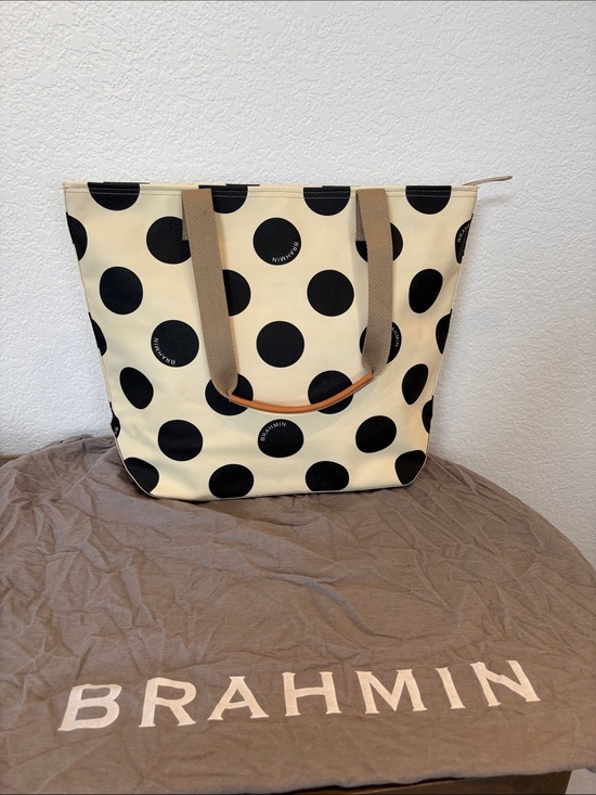 Brahmin Handbags - Brahmin Cream and Black Polka Dot Large Tote with Tan Straps